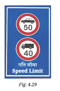 A truck driver driving at the speed of 54 km h–1 notices a road sign with a speed limit of 40 km h–1 (Fig. 4.29) for trucks. He slows down to 36 km h–1 in 36 s. What was the distance travelled by him during this time? Assume the acceleration to be constant while slowing down.