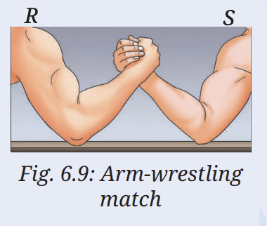 Two players R and S are participating in an arm-wrestling match (Fig. 6.9). At the instant, when the arms tilt to the front direction (out of the page towards you), are the forces exerted by the players balanced? If not, which player exerted the larger force?