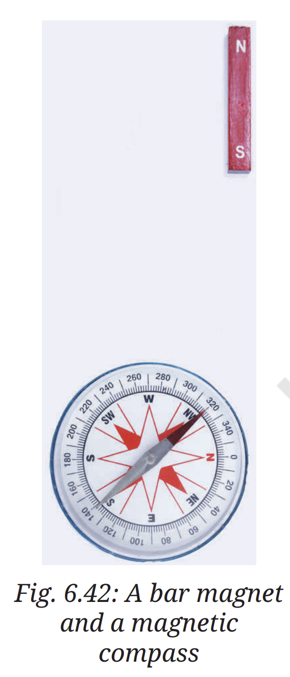 When the pole of a bar magnet is brought close to a magnetic compass, the bar magnet and the compass needle (which is also a magnet) exert a magnetic force on each other. As per Newton's third law of motion, both the forces are equal in magnitude and opposite in direction. However, the compass needle moves, whereas the bar magnet does not move (Fig. 6.42). Explain why.