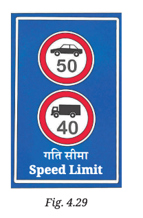 A truck driver driving at the speed of 54 km h–1 notices a road sign with a speed limit of 40 km h–1 (Fig. 4.29) for trucks. He slows down to 36 km h–1 in 36 s. What was the distance travelled by him during this time? Assume the acceleration to be constant while slowing down.