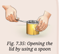 Why is it easier to open the lid of a can by using a spoon as shown in Fig. 7.35?