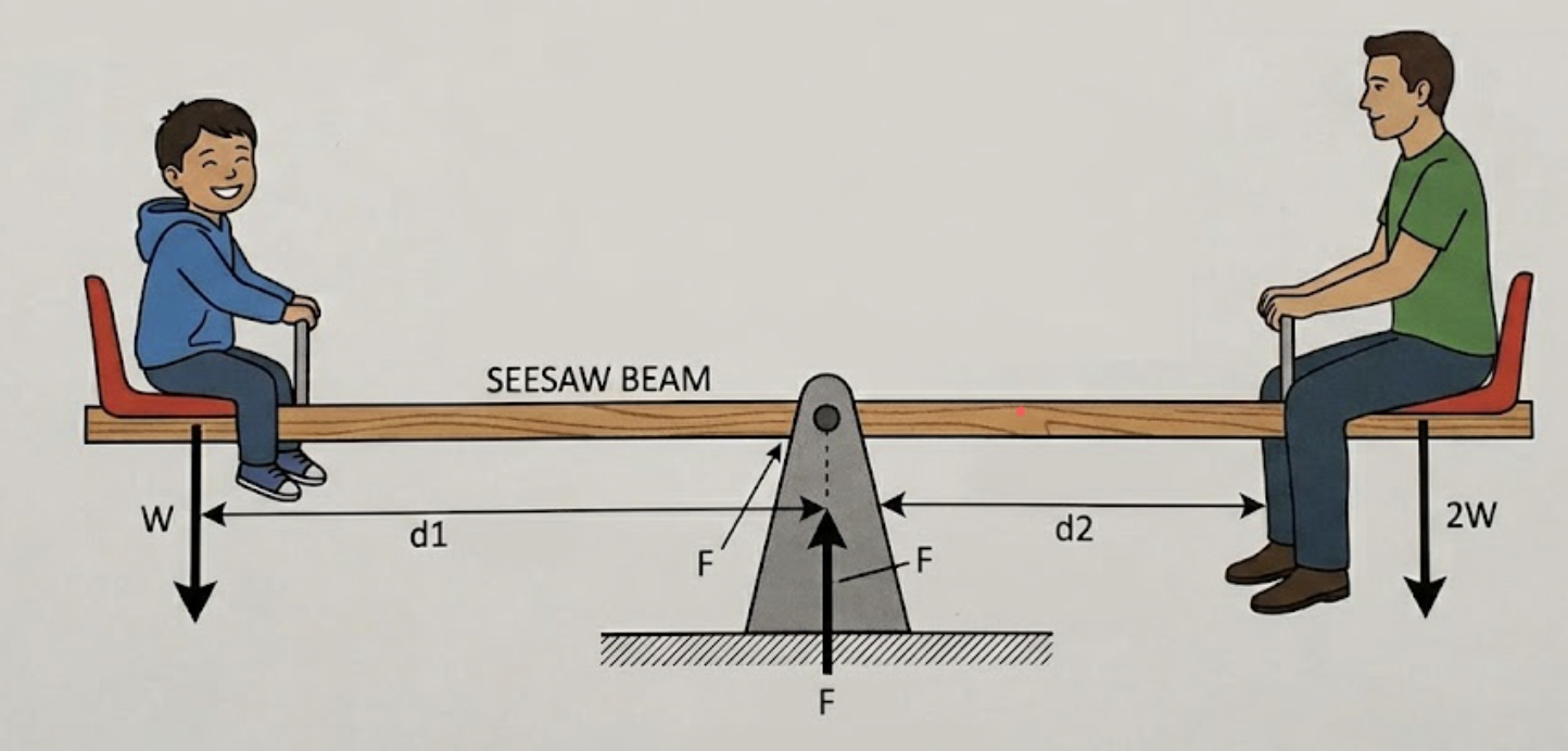 On a seesaw with sliding seats, a child is sitting on one side and an adult on the other side. The adult weighs twice that of the child. The seesaw however is balanced. Draw a figure which depicts this situation showing the distances from the fulcrum where the child and the adult are seated.